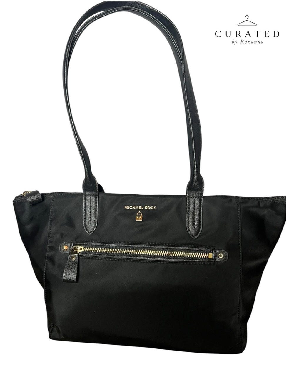 Michael Kors Black Nylon Tote Shoulder Bag Gold Hardware Zip Top Work Travel